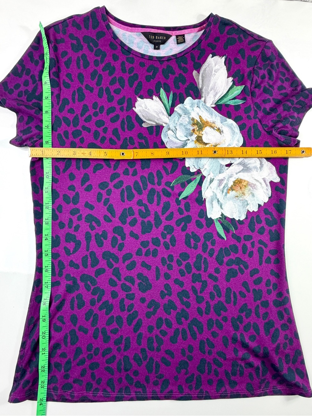 Ted Baker Purple Leopard & Floral Print Short Sleeve Blouse Top, Sz 3/Medium - Picture 8 of 11